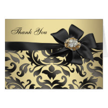Gold Diamonds Black Damask Thank You Cards