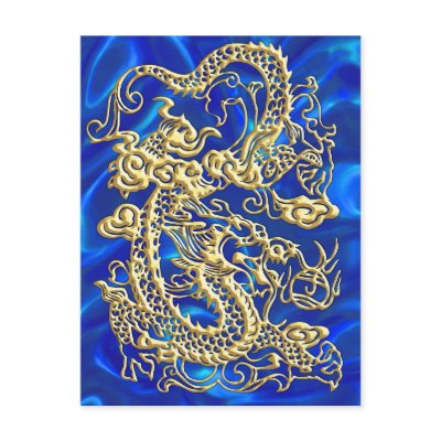 Gold Dragon Blue Satin Lush Gold Card Post Card by CosmicWink