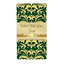 Gold Embossed Damask Green Holiday Baking Label