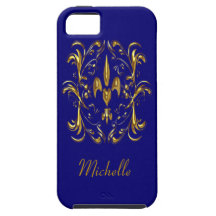 Gold Fleur de Lis Heart Pattern (dark blue)