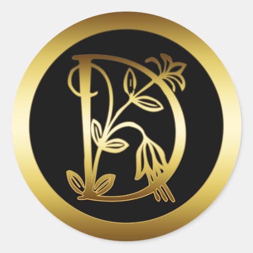 GOLD FLORAL MONOGRAM LETTER D ROUND STICKERS