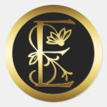 GOLD FLORAL MONOGRAM LETTER E ROUND STICKERS