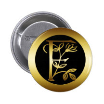 GOLD FLORAL MONOGRAM LETTER F PINBACK BUTTON