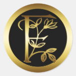 GOLD FLORAL MONOGRAM LETTER F ROUND STICKERS