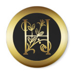 GOLD FLORAL MONOGRAM LETTER H FRIDGE MAGNET