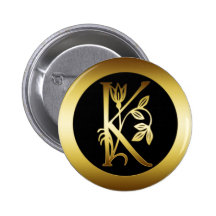 GOLD FLORAL MONOGRAM LETTER K PINBACK BUTTONS