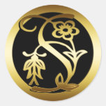 GOLD FLORAL MONOGRAM LETTER S ROUND STICKER