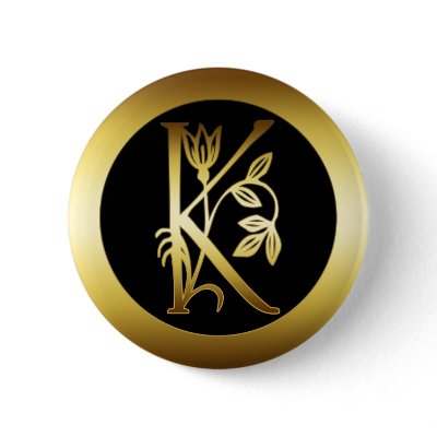 GOLD FLORAL NOGRAM LETTER K PINBACK BUTTONS by dgpaulart