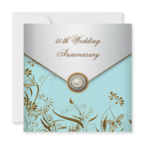 Gold Flower Pearl Teal 50th Wedding Anniversary Custom Invite