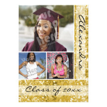 Gold Glitter-Look 3 Photo Graduation Custom Announcement