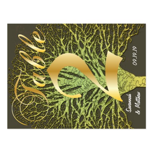 Gold Green Swirly Tree Table Number 2 Postcards