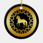GOLD HORSE AND HORSESHOES ORNAMENT