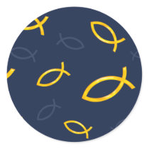 Gold Ichthus Pattern on Navy Blue Background Round Stickers