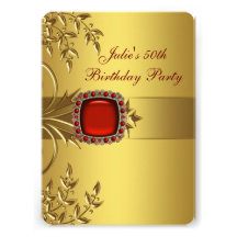 Gold Leaves Red Jewel Womans 50th Birthday Party Announcements
