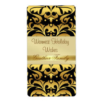 Gold Metal Damask Black Holiday Wine Label