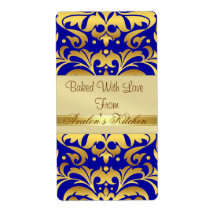 Gold Metal Damask Blue Holiday Baking Label