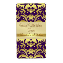 Gold Metal Damask Purple Holiday Baking Label