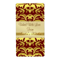 Gold Metal Damask Red Holiday Baking Label