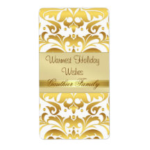 Gold Metal Damask White Holiday Wine Label