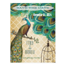 Gold Moroccan Tile Peacock Birdcage Save the Date Postcards