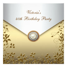 Gold Pearl Floral Womans 40th Birthday Party Custom Announcement