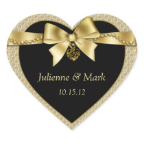 Gold Pearls Ribbon on Black Heart Stickers