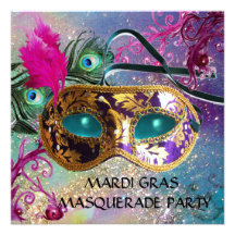 GOLD PURPLE DAMASK FEATHER MASK Masquerade Party Invitations