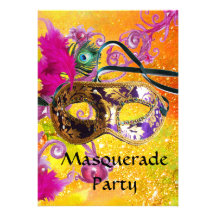 GOLD PURPLE DAMASK FEATHER MASK Masquerade Party Invites
