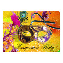 GOLD PURPLE DAMASK FEATHER MASK Masquerade Party Invites