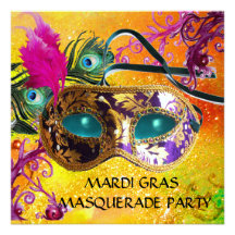 GOLD PURPLE DAMASK FEATHER MASK Masquerade Party Custom Invitations