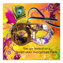 GOLD PURPLE DAMASK FEATHER MASK Masquerade Party Announcement