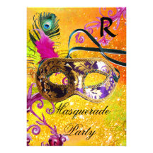 GOLD PURPLE DAMASK FEATHER MASK Masquerade Party Custom Invitations