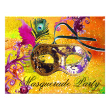 GOLD PURPLE DAMASK FEATHER MASK Masquerade Party Personalized Invitation