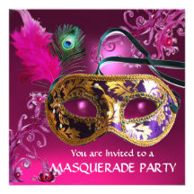 GOLD PURPLE FEATHER DAMASK  MASK Masquerade Party Personalized Invite