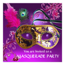 GOLD PURPLE FEATHER DAMASK  MASK Masquerade Party Personalized Invitations