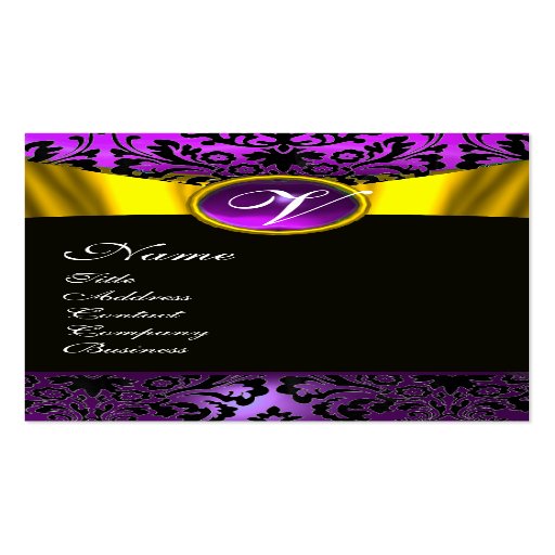 GOLD RIBBON YELLOW BLACK PURPLE DAMASK MONOGRAM BUSINESS CARD TEMPLATE