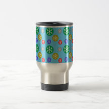Gold silver red green snowflakes on blue coffee mug