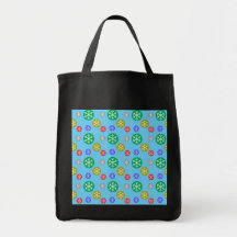 Gold silver red green snowflakes on blue tote bag
