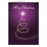 Golden abstract Christmas Tree on glowing purple Greeting Cards