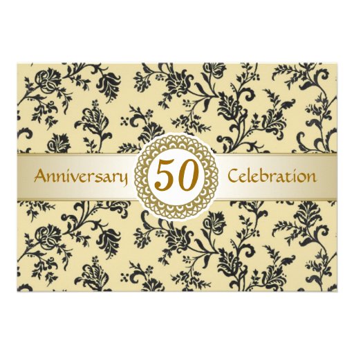 Golden Black Damask, 50th Wedding Anniversary Invite