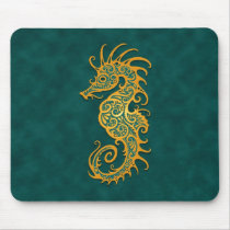 Golden Blue Tribal Seahorse Mouse Pad