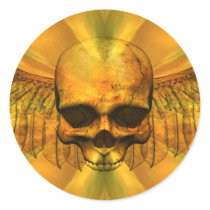 Golden Burst Winged Skull Round Stickers