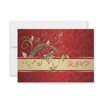 Golden flowers on red damask Wedding RSVP