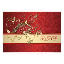 Golden flowers on red damask Wedding RSVP Custom Invites