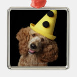Golden Poodle Dog wearing a yellow clown hat Christmas Tree Ornaments