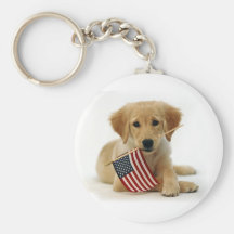 Golden Retriever Puppy and Flag Key Chain