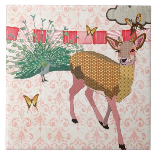 Golden Rose Deer & Peacock Pink Damask Tile