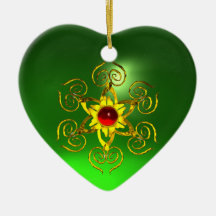 GOLDEN ROSE RUBY ,Green Emerald Heart Christmas Tree Ornament