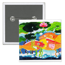 Goldfish and waterlily pinback buttons