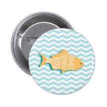 Goldfish on aqua blue chevron pinback buttons